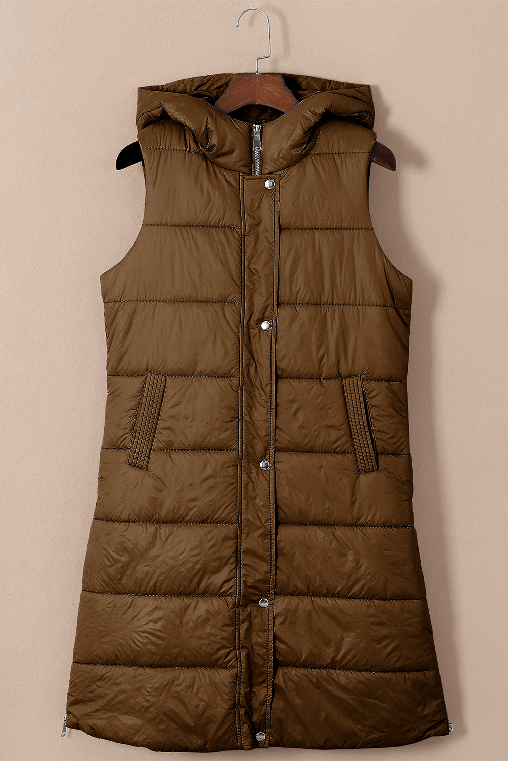 Chestnut Hooded Long Quilted Vest Coat
