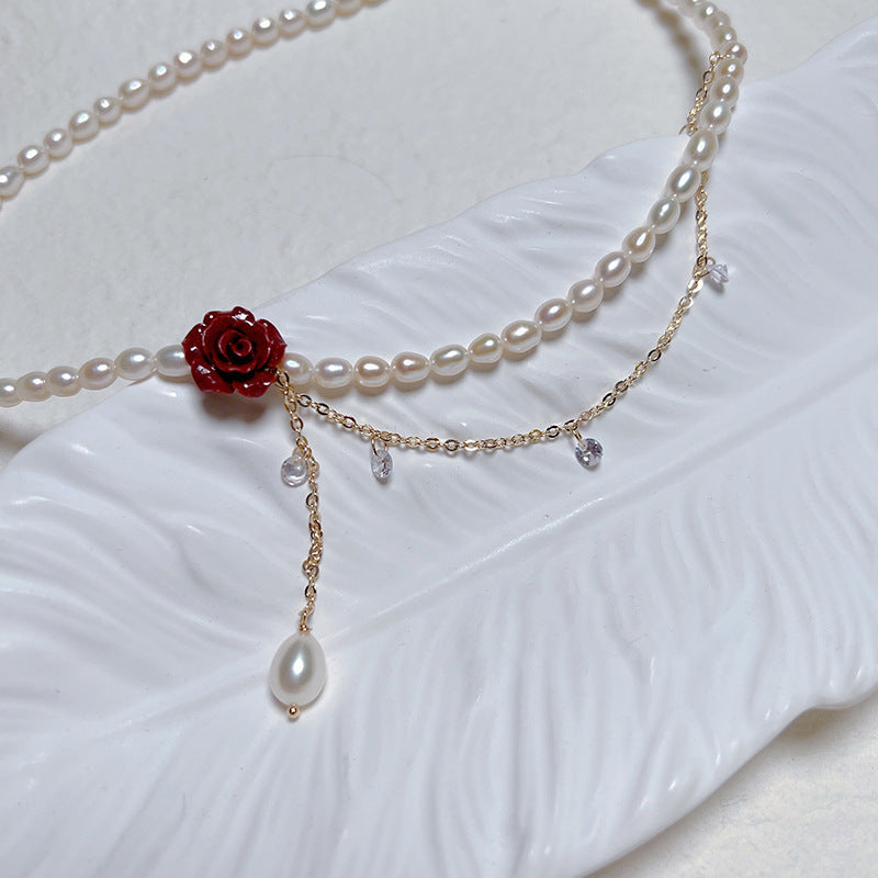Camellia Crystal Pearl Pendant Necklace Light Luxury