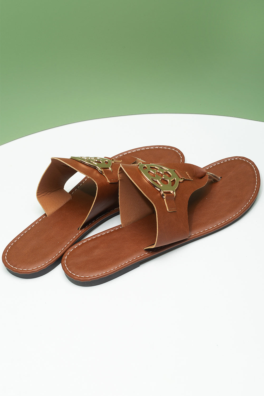 Chestnut Metal Décor Leather Thong Slippers