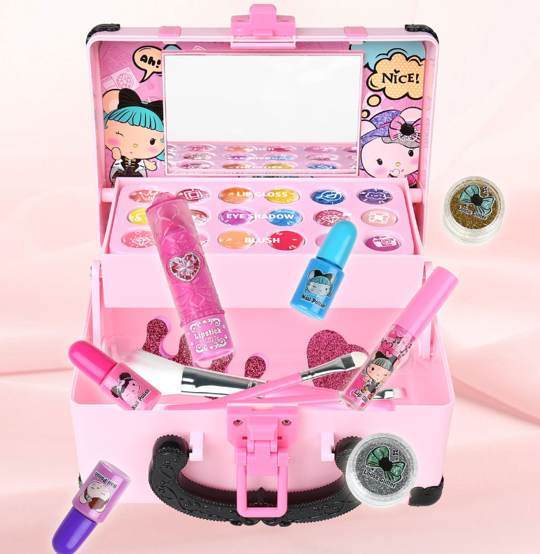 Children's Pink Random Color Pretend Makeup Toy Set Including Lipstick Play Cosmetics Makeup Box